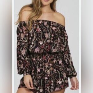 Free People Off-Shoulder Floral Romper in Black and Pink